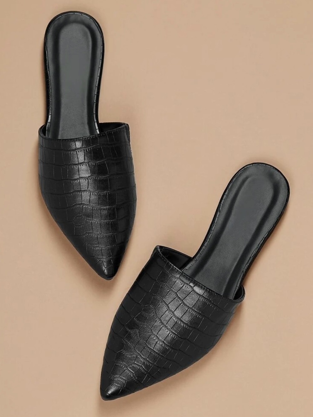 Pointed Toe Black Croc-Embossed Mule Flats - Women